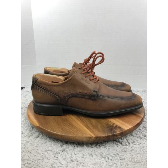 Ecco Brown Leather Burnished Apron Toe Derby Casual Lifestyle Oxford Mens 41 - Picture 3 of 13